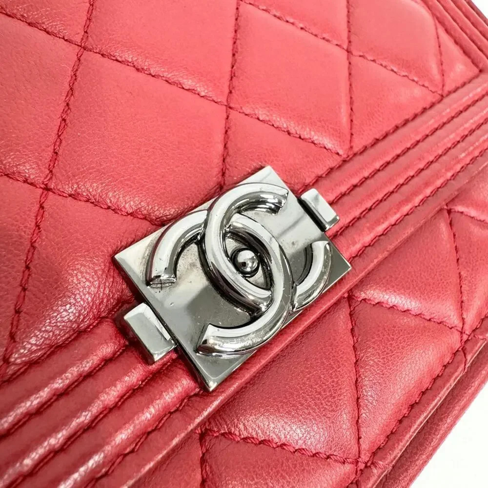 CHANEL Red Quilted Lambskin Leather Boy Wallet on Chain Silver CC Logo Crossbody
